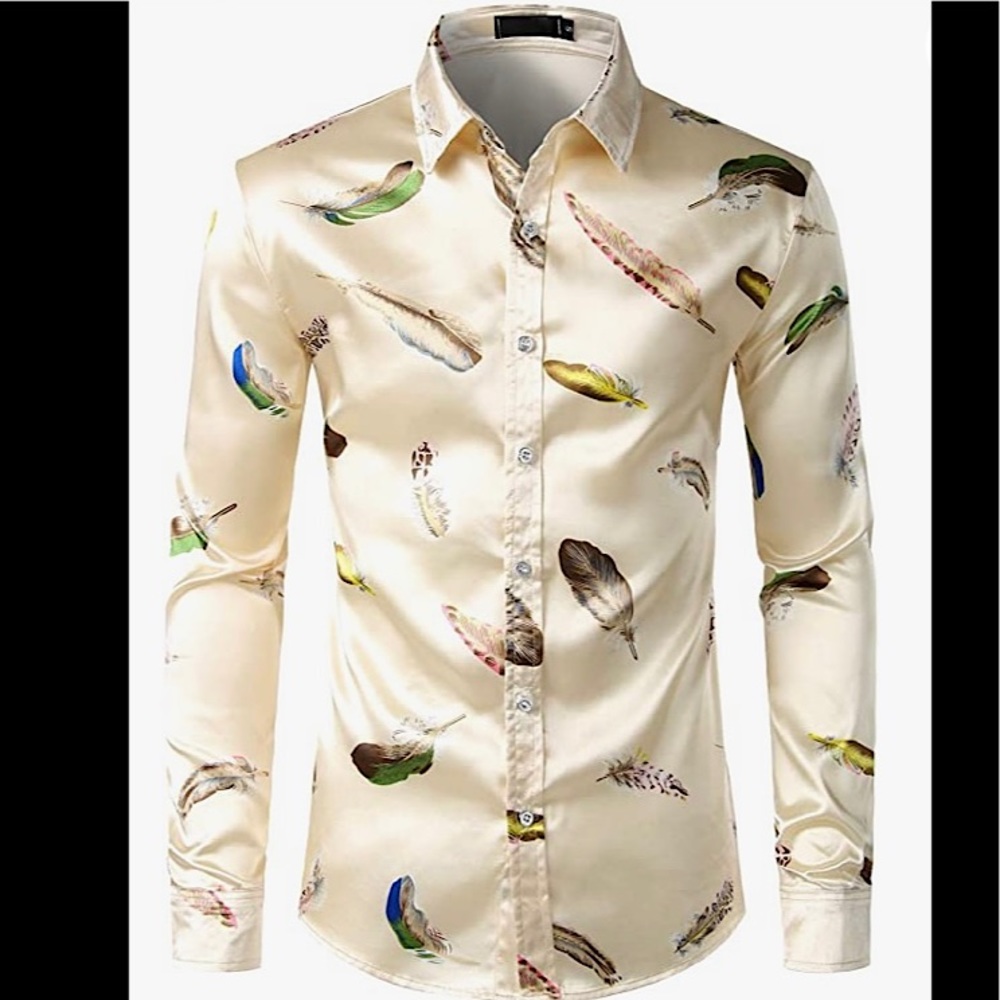 Zeroyaa Printed Silk like Satin Button Down Dress Shirt…New….Color: Cream/Multi
